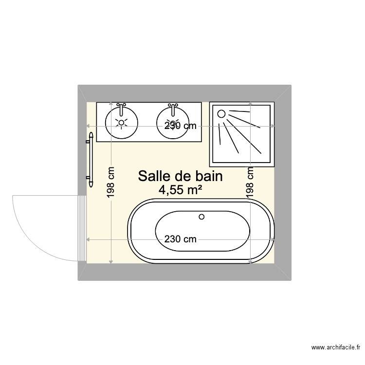 SDB avec 2 vasques. Plan de 1 pièce et 5 m2