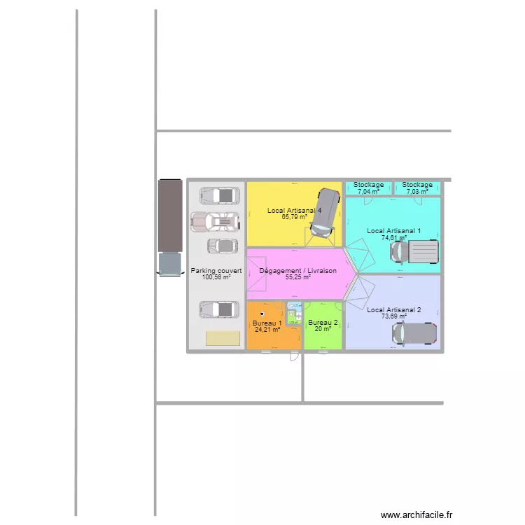 Atelier APC 3 locaux artisanaux coup&eacute;. Plan de 