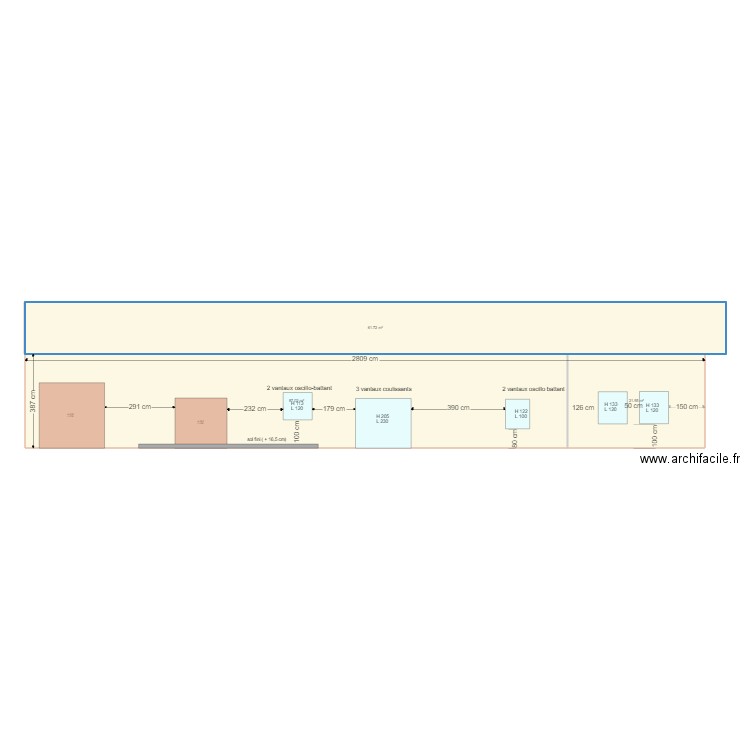 ouvertures est. Plan de 3 pièces et 171 m2