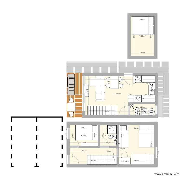 Unterems 3.80 x 7.60 avec agrandissement. Plan de 6 pièces et 53 m2