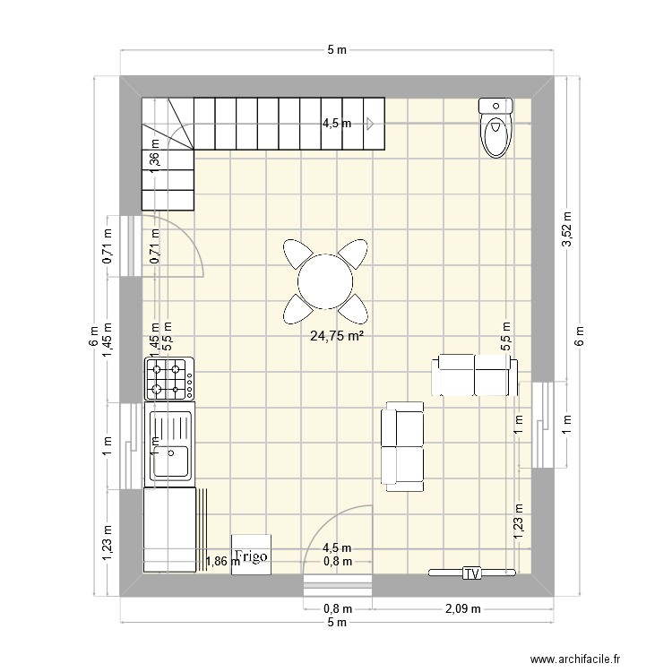 studio. Plan de 1 pièce et 25 m2