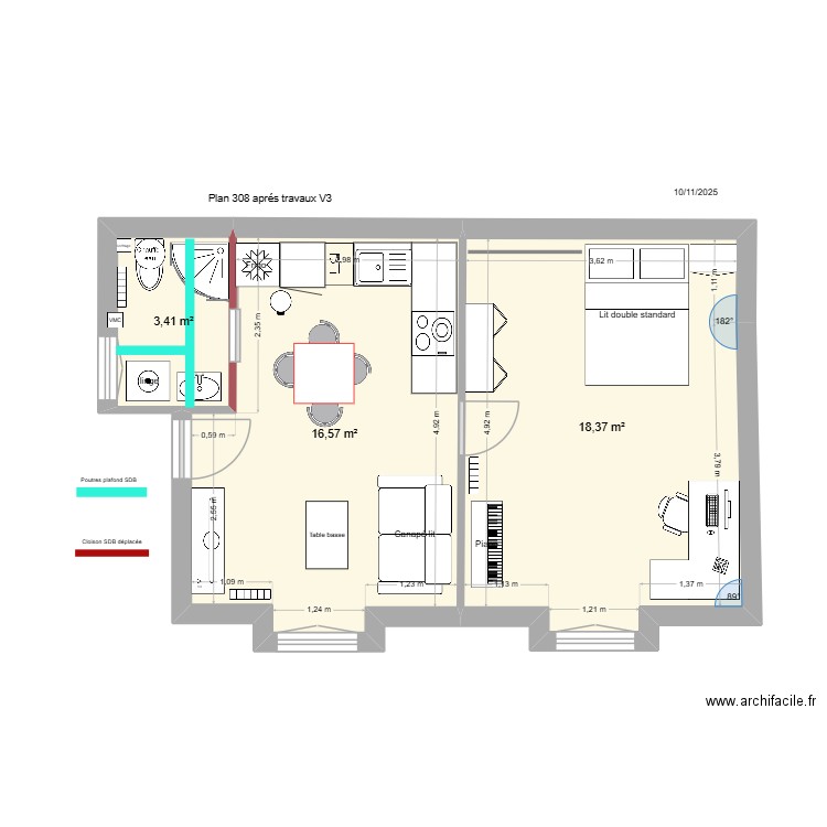 LEROY 308 après travaux V3. Plan de 3 pièces et 38 m2