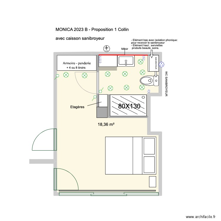 Monica 2023 B avec caisson Sani broyeur. Plan de 1 pièce et 18 m2