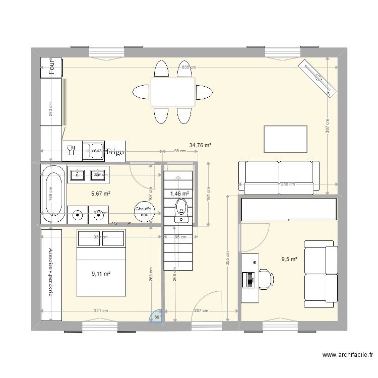 Plan RDV Numéro 5 version sans Bureau. Plan de 5 pièces et 61 m2