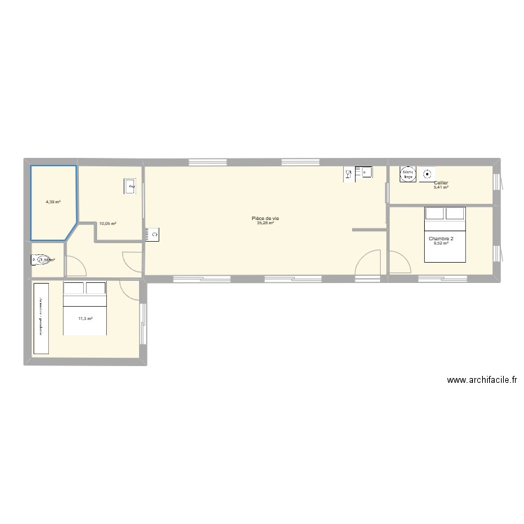 PLAN MAISON BOIS MASSIF. Plan de 8 pièces et 76 m2