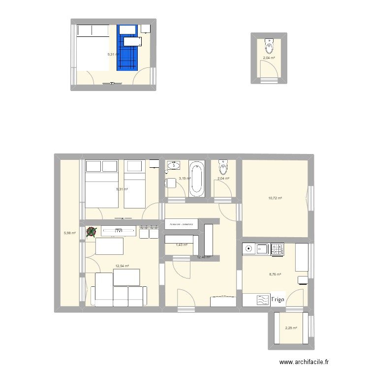 plan C . Plan de 12 pièces et 80 m2