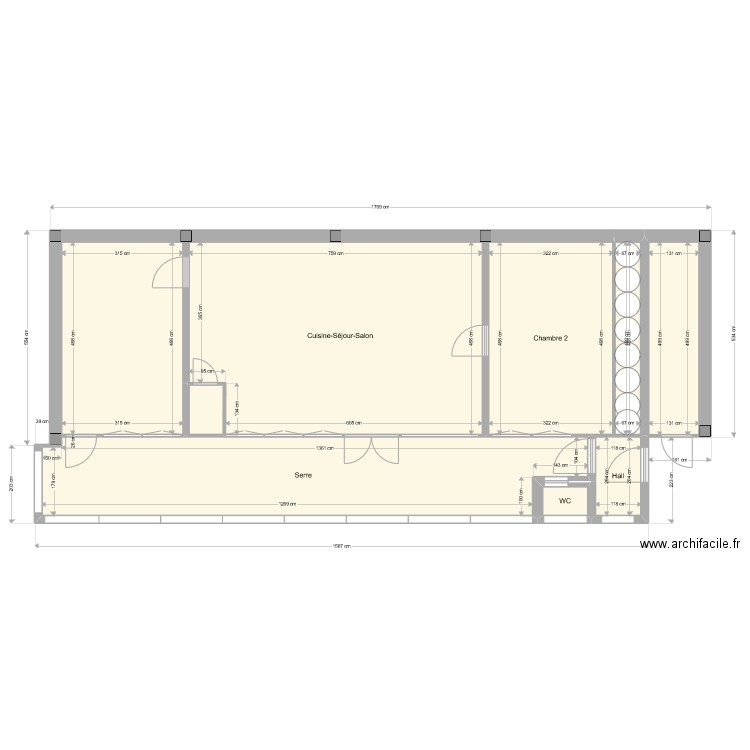 Earthship 6 inversion plan de niveau et poteaux poutres. Plan de 9 pièces et 110 m2