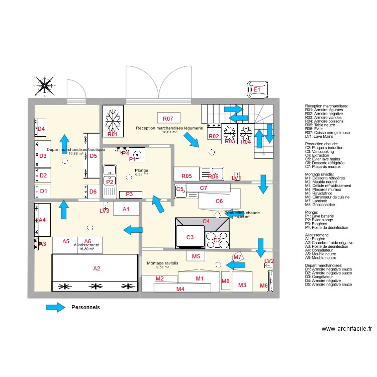 RDC plan flux personnels. Plan de 6 pièces et 76 m2