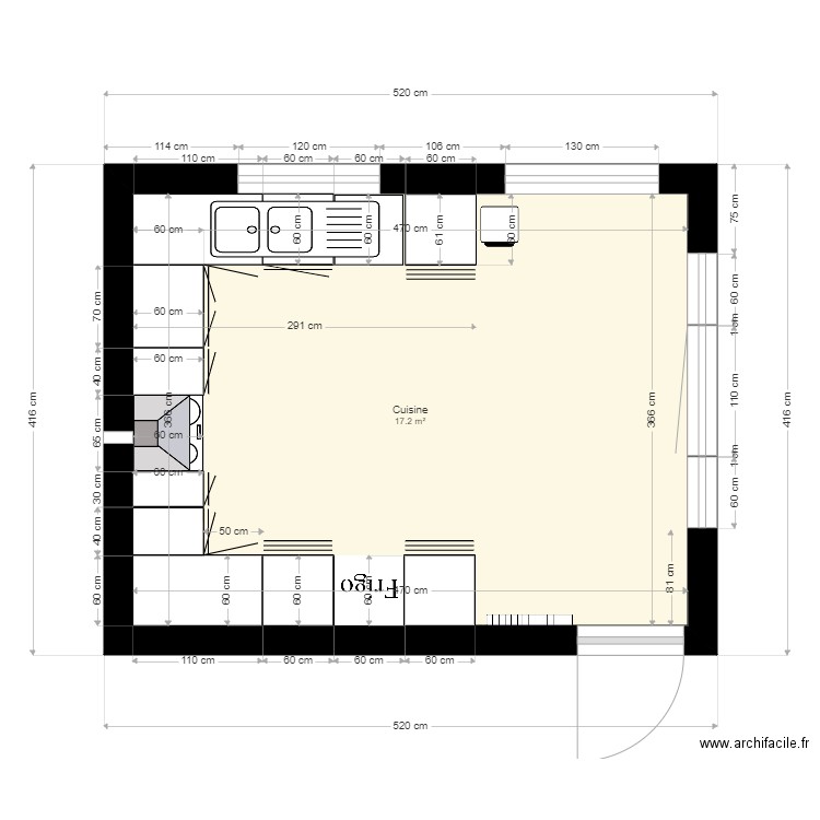 41 r Latour rez - cuisine. Plan de 1 pièce et 17 m2