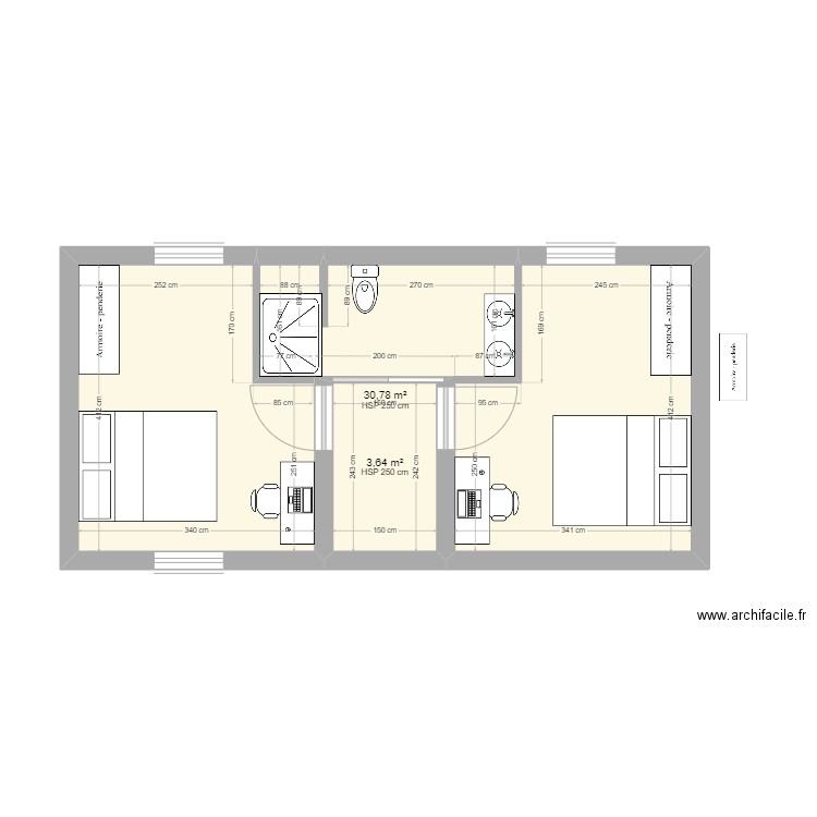 61 cruguel etage fin. Plan de 2 pièces et 34 m2