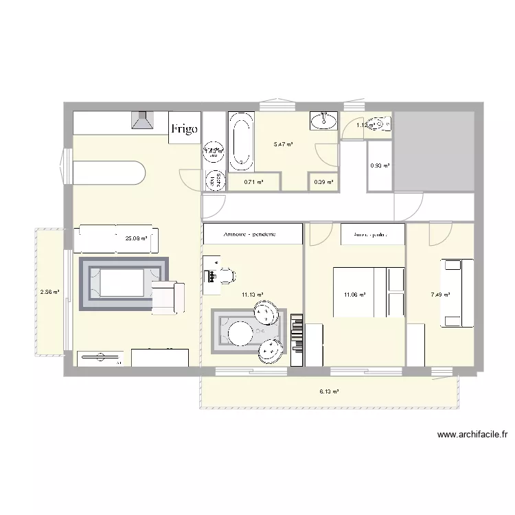appartement T2 bis initial. Plan de 