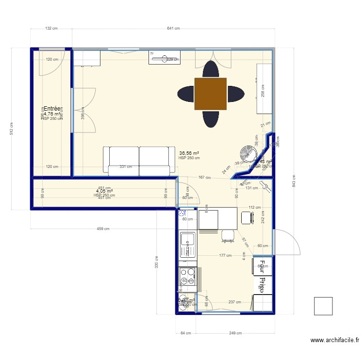 cuisine maman P7. Plan de 5 pièces et 46 m2