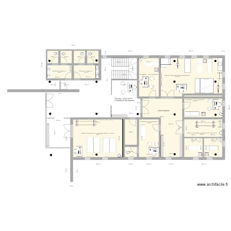 ENKR - aménagement service kiné 2 . Plan de 15 pièces et 208 m2