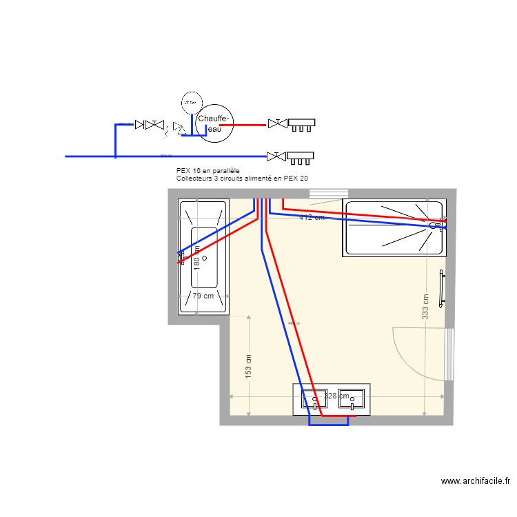 SDB Hydraulique. Plan de 1 pièce et 12 m2