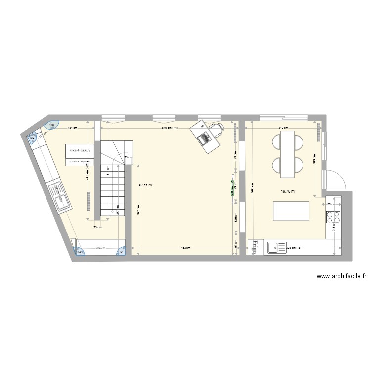 RdC extension 1. Plan de 2 pièces et 62 m2