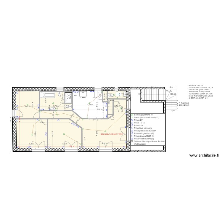 Implantation cloisons cotes. Plan de 11 pièces et 70 m2