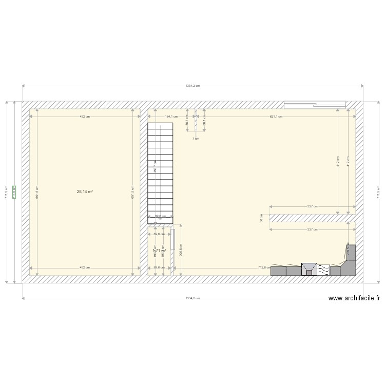 Rdc avec meuble cuisine hauts1/50ème. Plan de 3 pièces et 80 m2