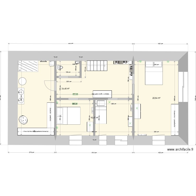 1er étage 3 chambres. Plan de 3 pièces et 72 m2