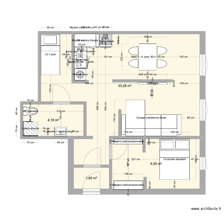 Loge Val Cristal. Plan de 4 pièces et 48 m2