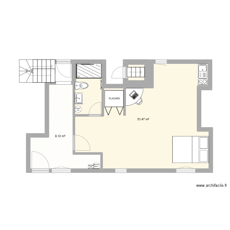 rdc fg. Plan de 3 pièces et 40 m2