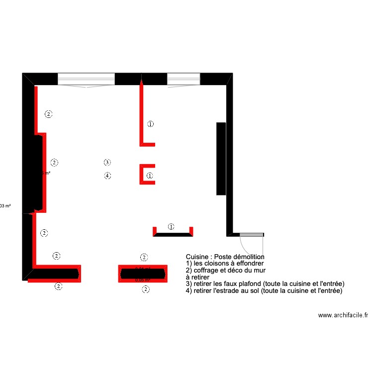 cuisine (cloisons à effondrer). Plan de 4 pièces et 0 m2