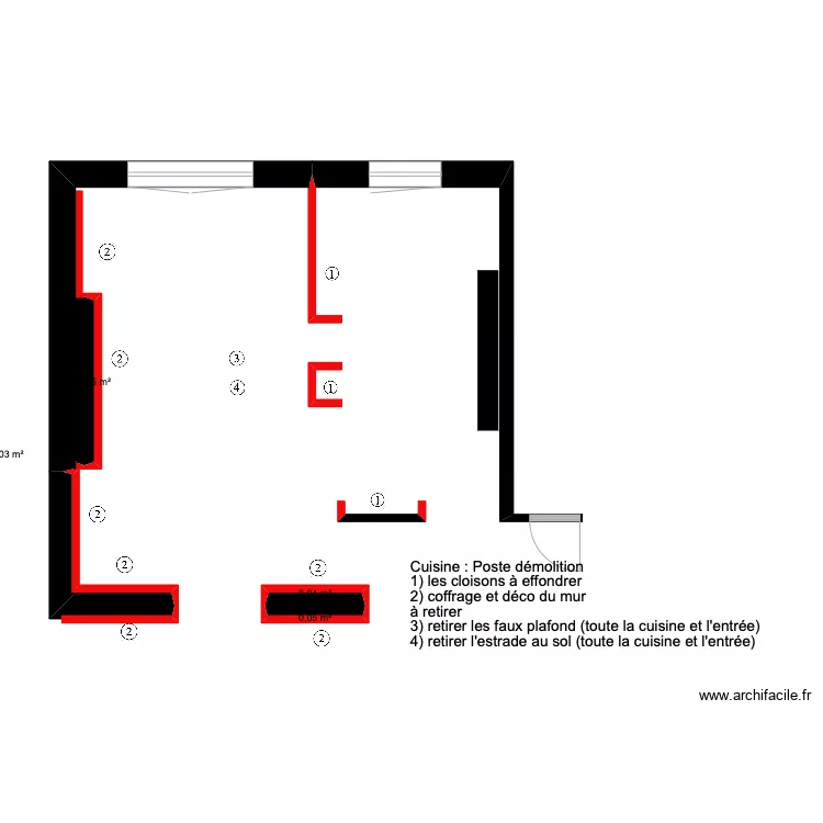 cuisine (cloisons &agrave; effondrer). Plan de 