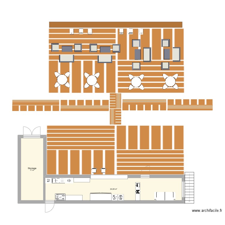 Accueil /restauration. Plan de 2 pièces et 35 m2