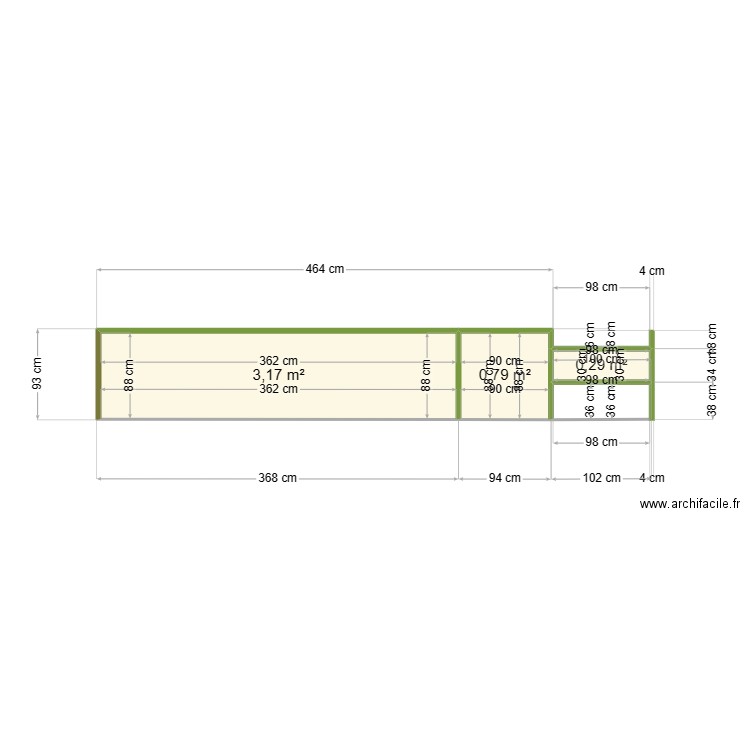 Plan, de coupe aire de stationnement et terrasse. Plan de 3 pièces et 4 m2