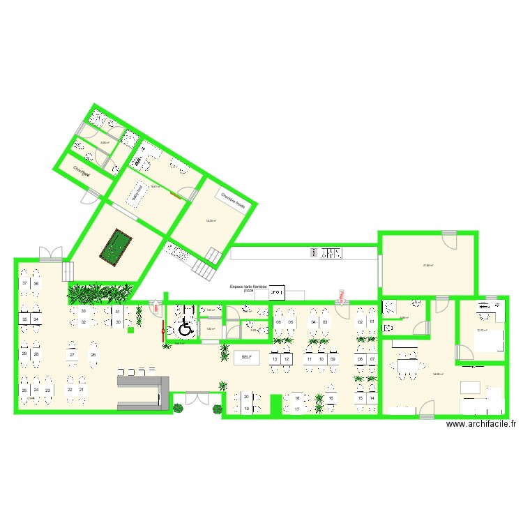 Plan restaurant v4 avec bar centrale grande salle et salle de jeux arrière. Plan de 0 pièce et 0 m2