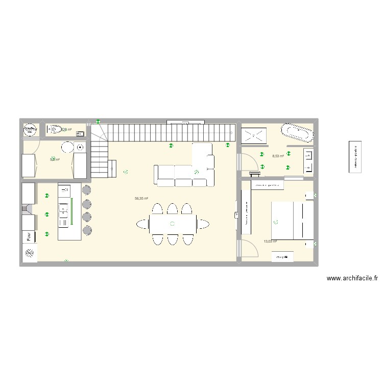 Loft. Plan de 6 pièces et 85 m2