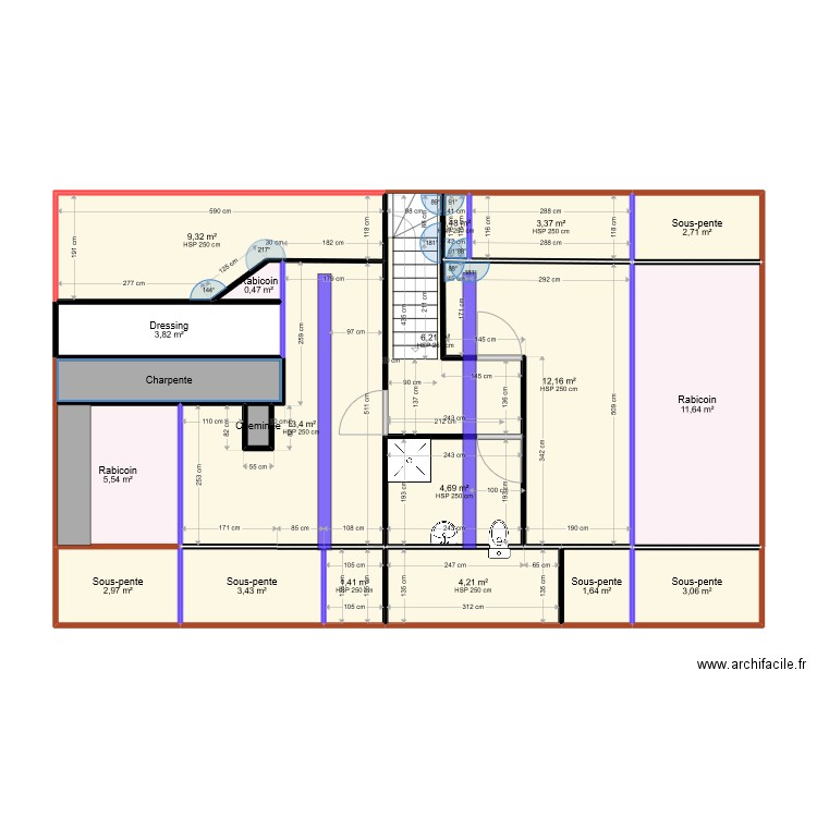 Etage_version après trémie version alternative. Plan de 20 pièces et 94 m2