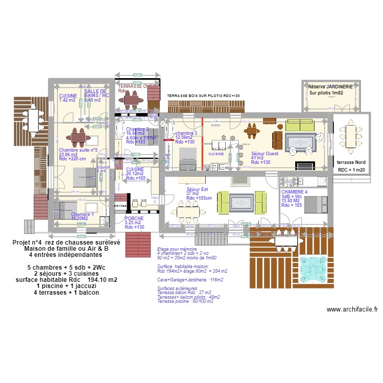 plan masse rez de chaussée avec 4 chambres 2 cuisine 3 séjour. Plan de 4 pièces et 120 m2