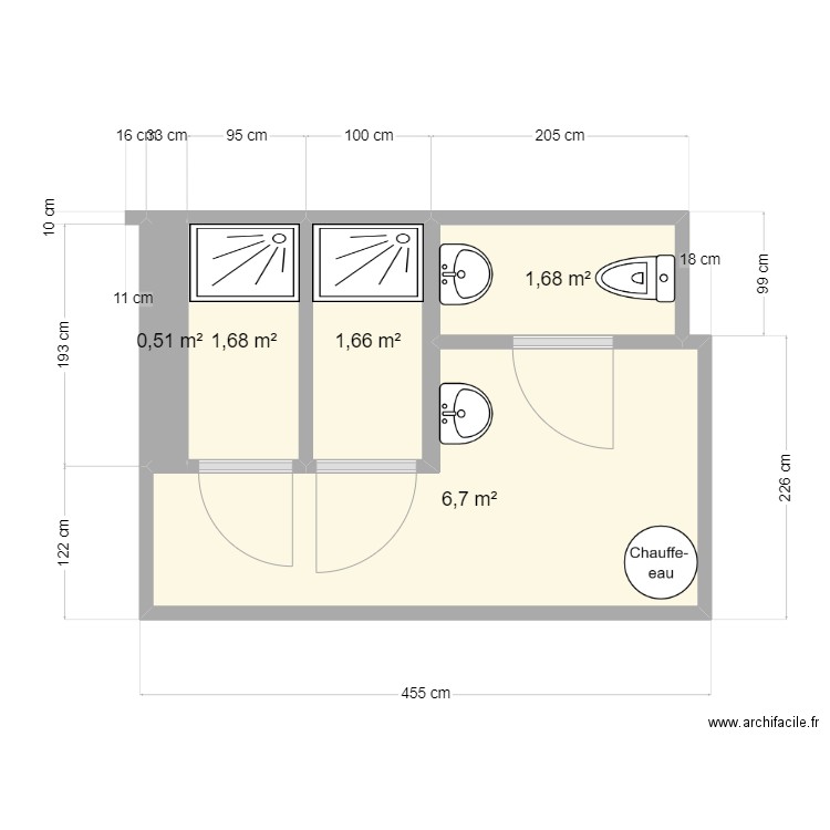 douche chauffeur. Plan de 5 pièces et 12 m2