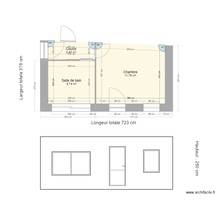 Agrandissement maison Sampzon 2. Plan de 3 pièces et 23 m2