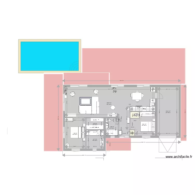 STRUCTURE  plain pied 55 m2 d&eacute;cal&eacute; sur arriere. Plan de 