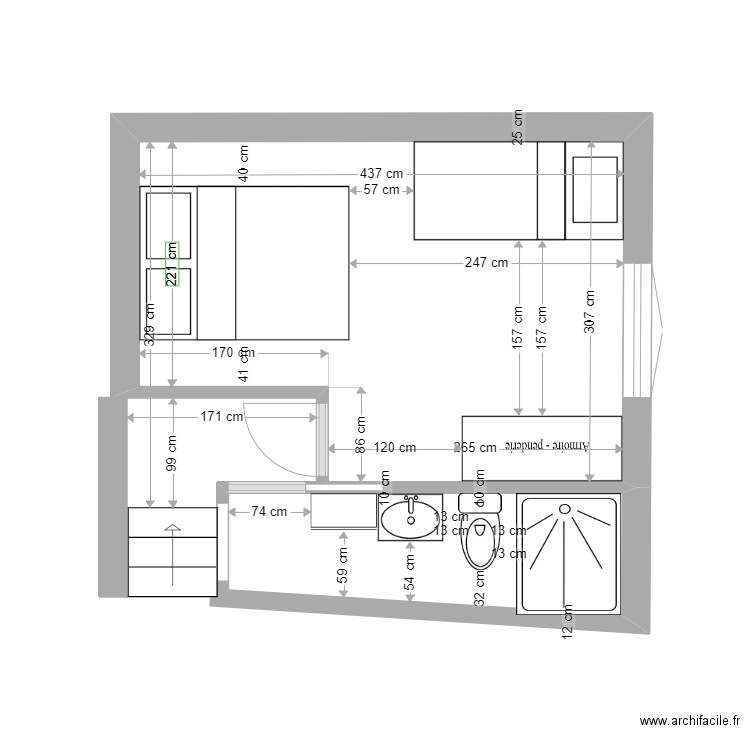 abbartello sdb séparée. Plan de 1 pièce et 12 m2