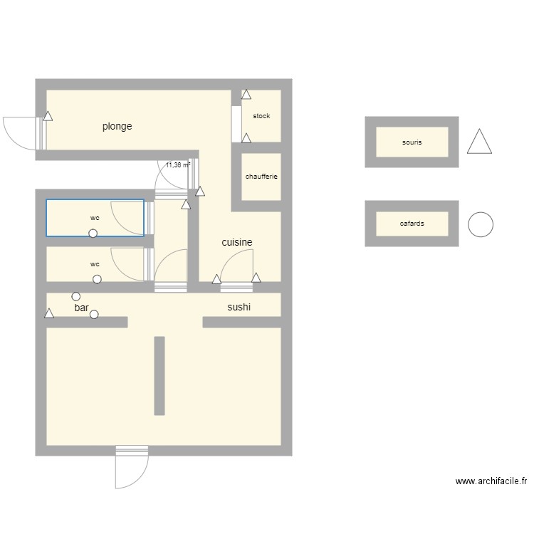 sushi genki. Plan de 9 pièces et 42 m2