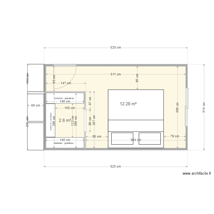 Chambre parentale . Plan de 2 pièces et 15 m2