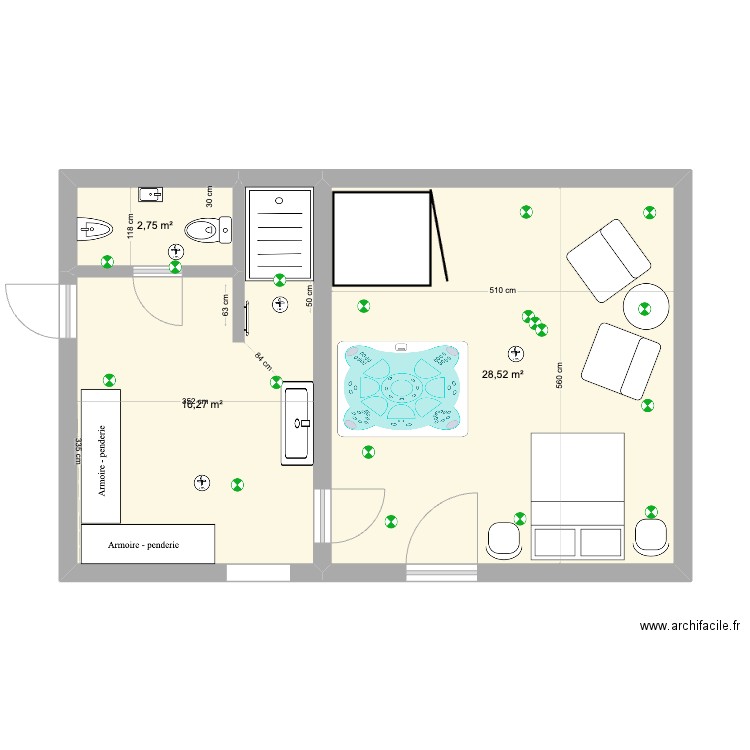 SPA et SDB grand rangements 2. Plan de 3 pièces et 48 m2