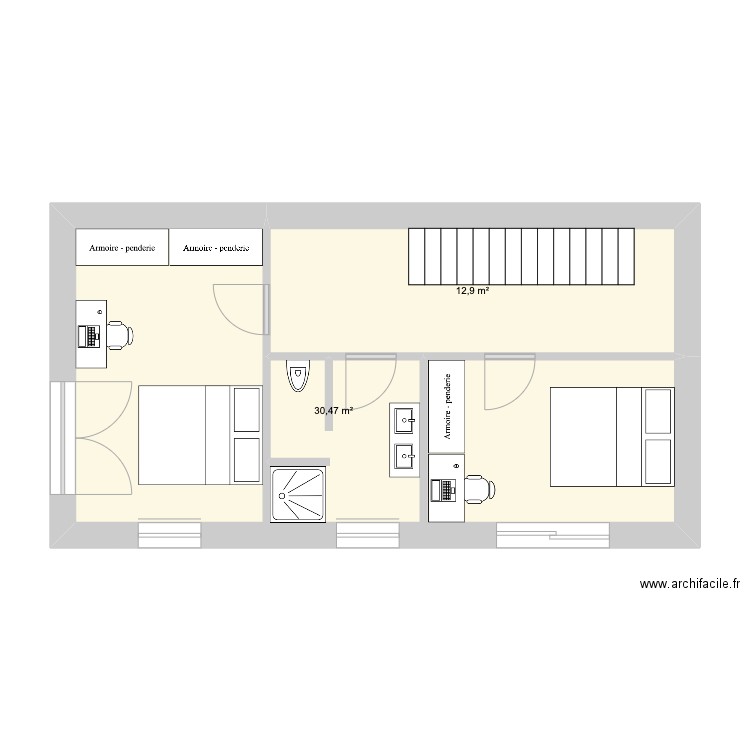 RDC. Plan de 2 pièces et 43 m2