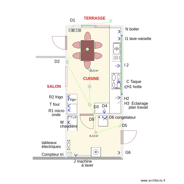 cuisine Denis. Plan de 2 pièces et 25 m2