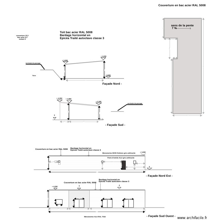 Plan Coupe et facades. Plan de 6 pièces et 357 m2