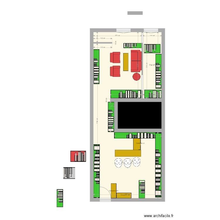 boutique. Plan de 3 pièces et 65 m2