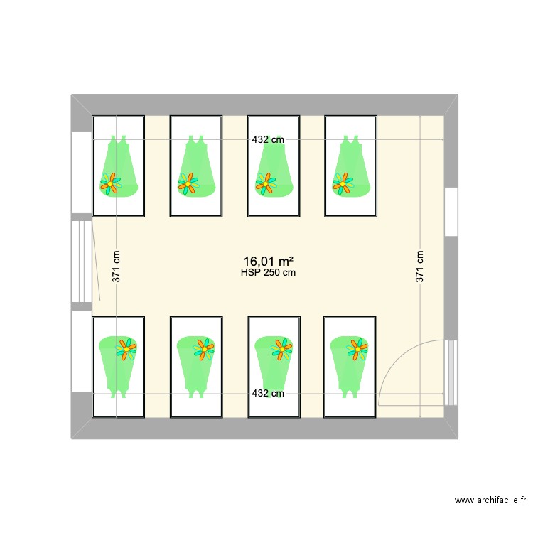 B_Dortoirs grands. Plan de 1 pièce et 16 m2