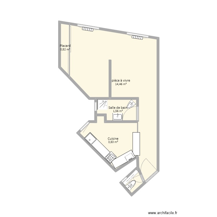 CB existant. Plan de 4 pièces et 21 m2