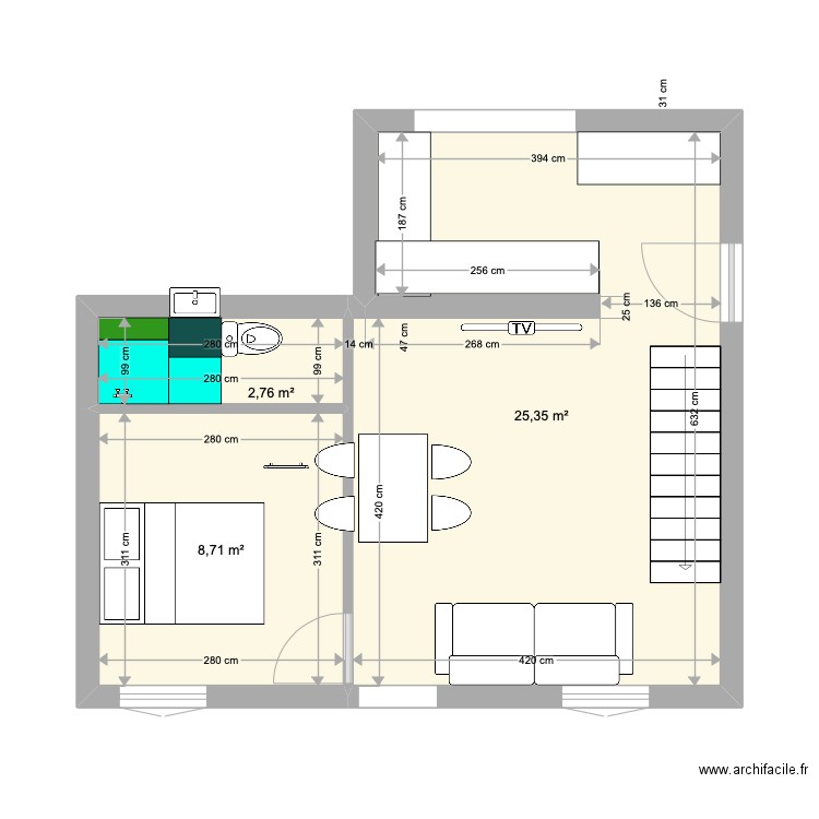 MAISON RDC . Plan de 3 pièces et 37 m2