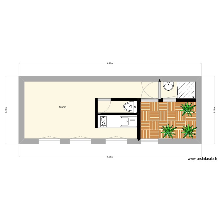 Studio DDB. Plan de 1 pièce et 20 m2