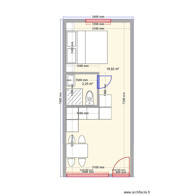 7,6x3,5 3вар. Plan de 2 pièces et 22 m2