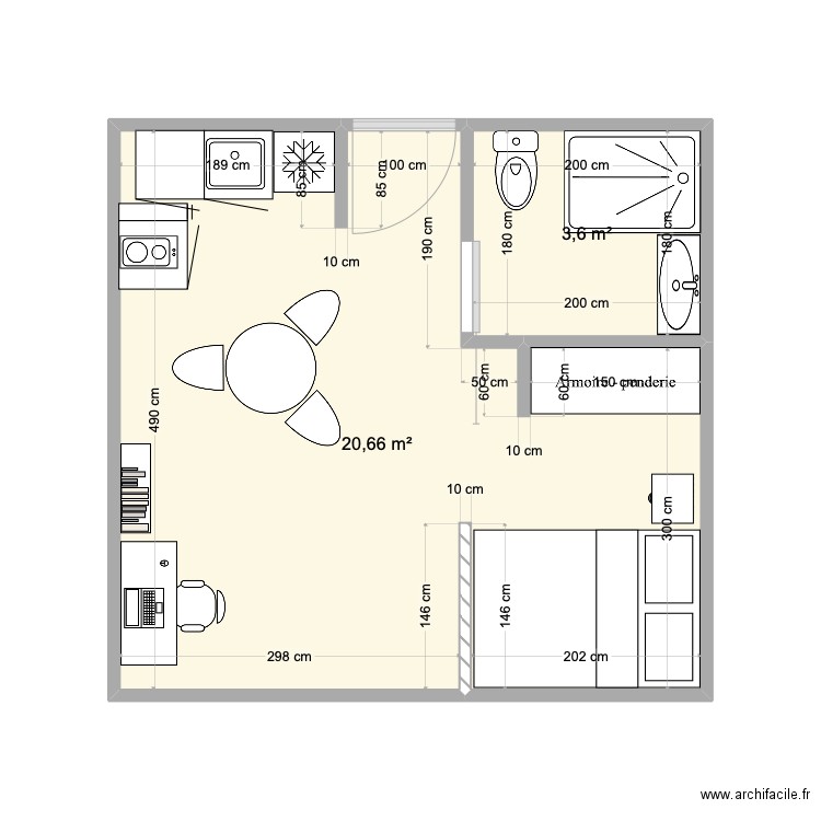 studio. Plan de 2 pièces et 24 m2