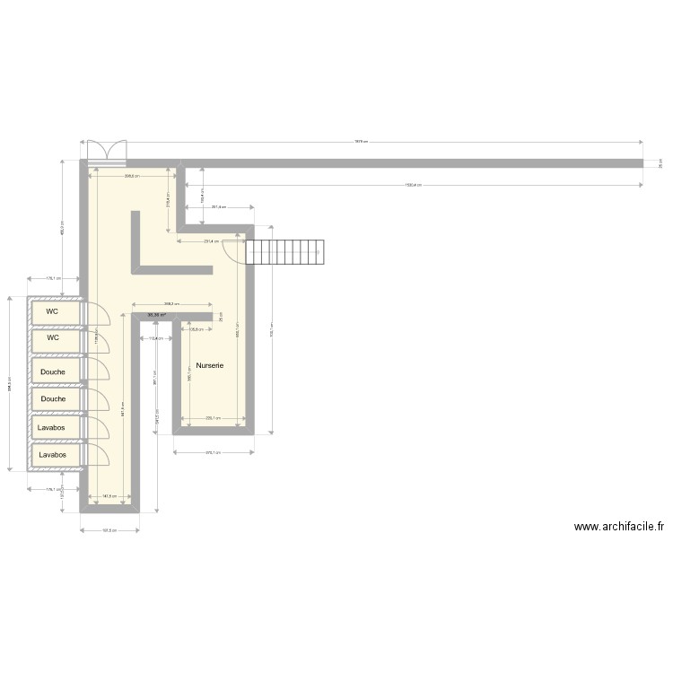 rochetaillée - sanitaire au dessus du restaurant. Plan de 7 pièces et 46 m2